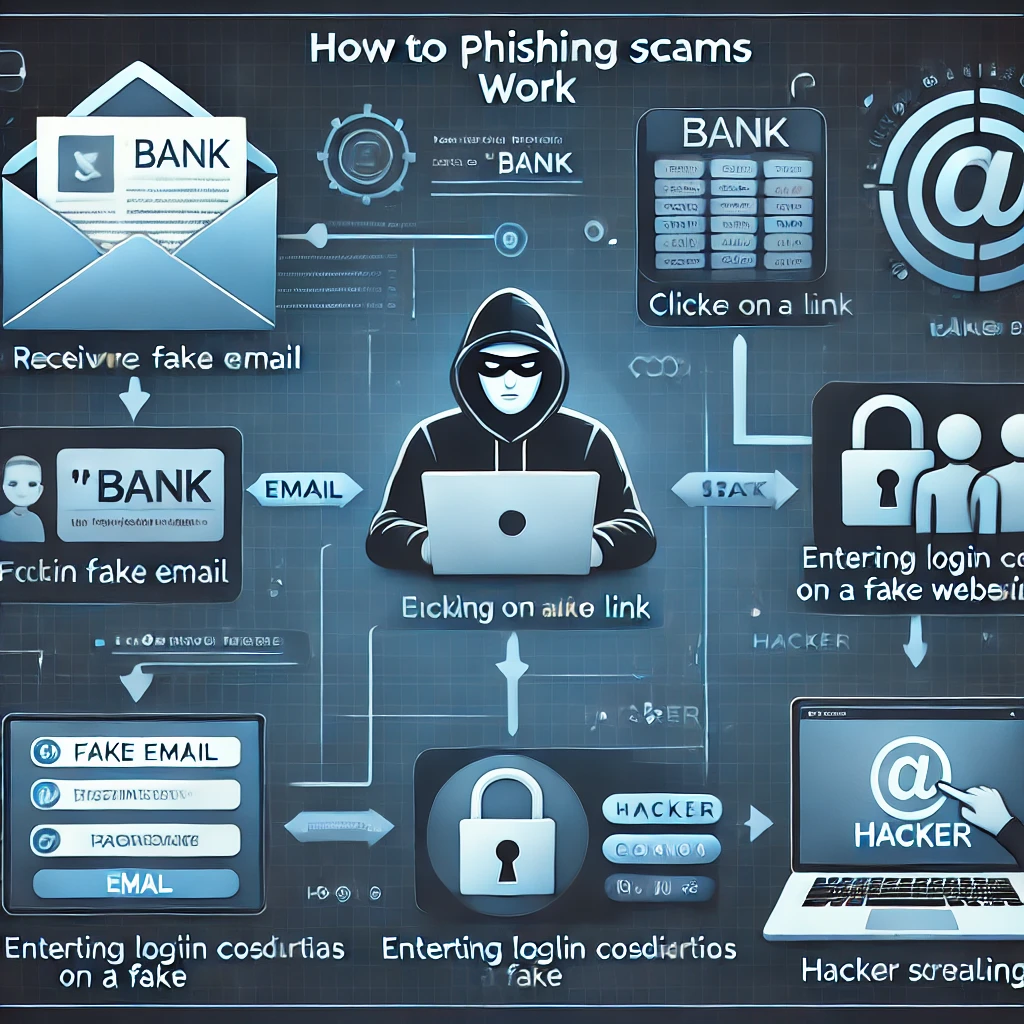 DALL·E 2025-03-15 15.40.30 - A detailed infographic explaining how phishing scams work. The image includes a flowchart showing the phishing process_ 1. A person receiving a fake e