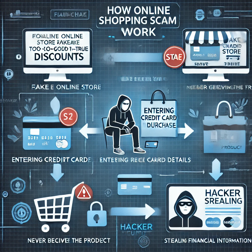 DALL·E 2025-03-15 15.46.16 - An infographic illustrating how online shopping scams work. The image includes a flowchart_ 1. A person browsing a fake online store with too-good-to-