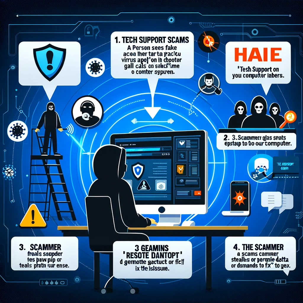 DALL·E 2025-03-15 15.48.08 - An infographic illustrating how tech support scams work. The image includes a step-by-step process_ 1. A person sees a fake virus alert pop-up on thei