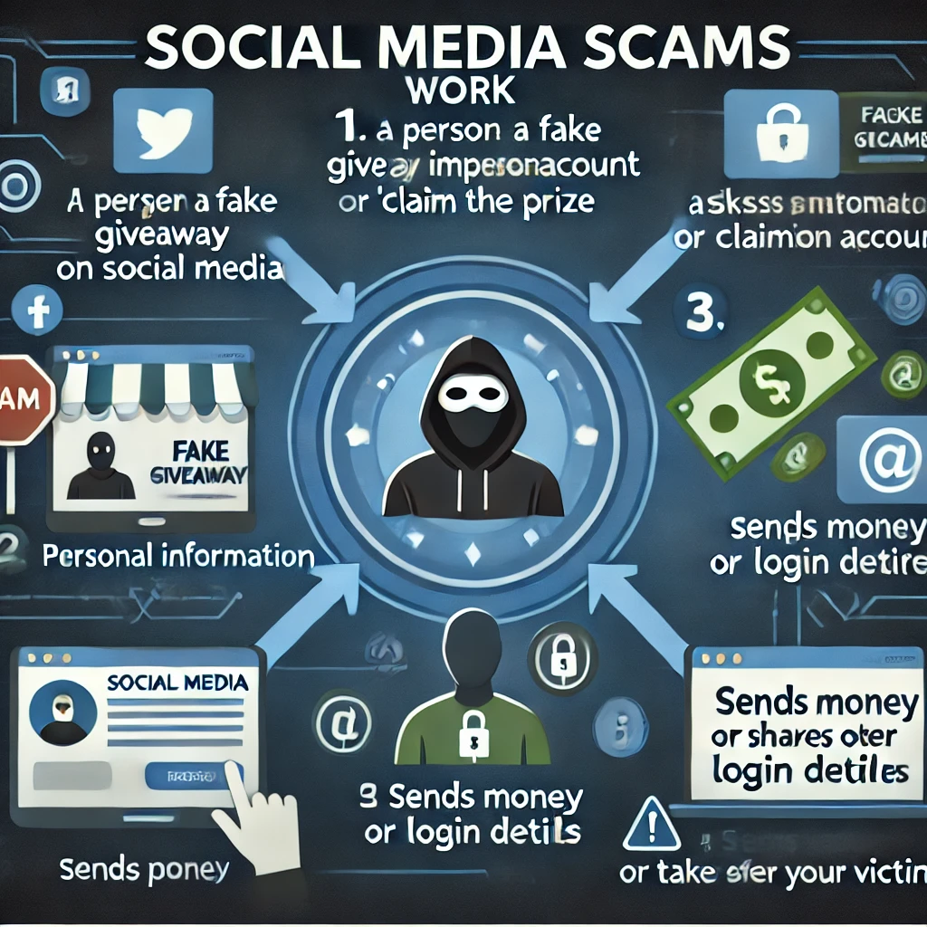 DALL·E 2025-03-15 15.48.45 - An infographic illustrating how social media scams work. The image includes a step-by-step process_ 1. A person sees a fake giveaway or impersonation