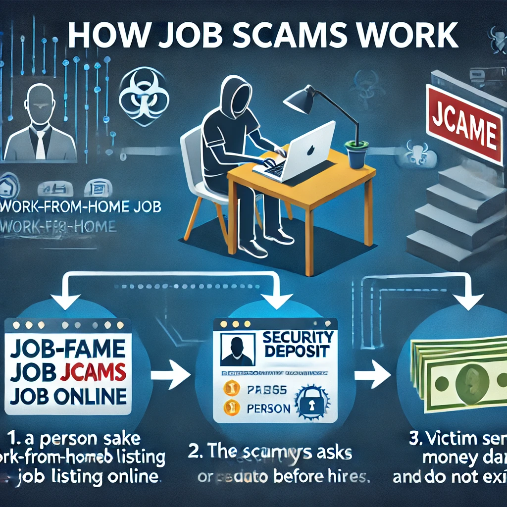 DALL·E 2025-03-15 15.49.19 - An infographic illustrating how job scams work. The image includes a step-by-step process_ 1. A person sees a fake work-from-home job listing online,